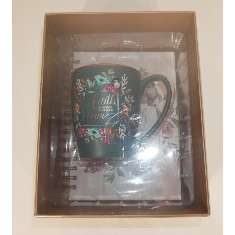 Teal Floral Faith Over Fear Coffee Mug Ceramic Gold Trim & Journal Gift Set New